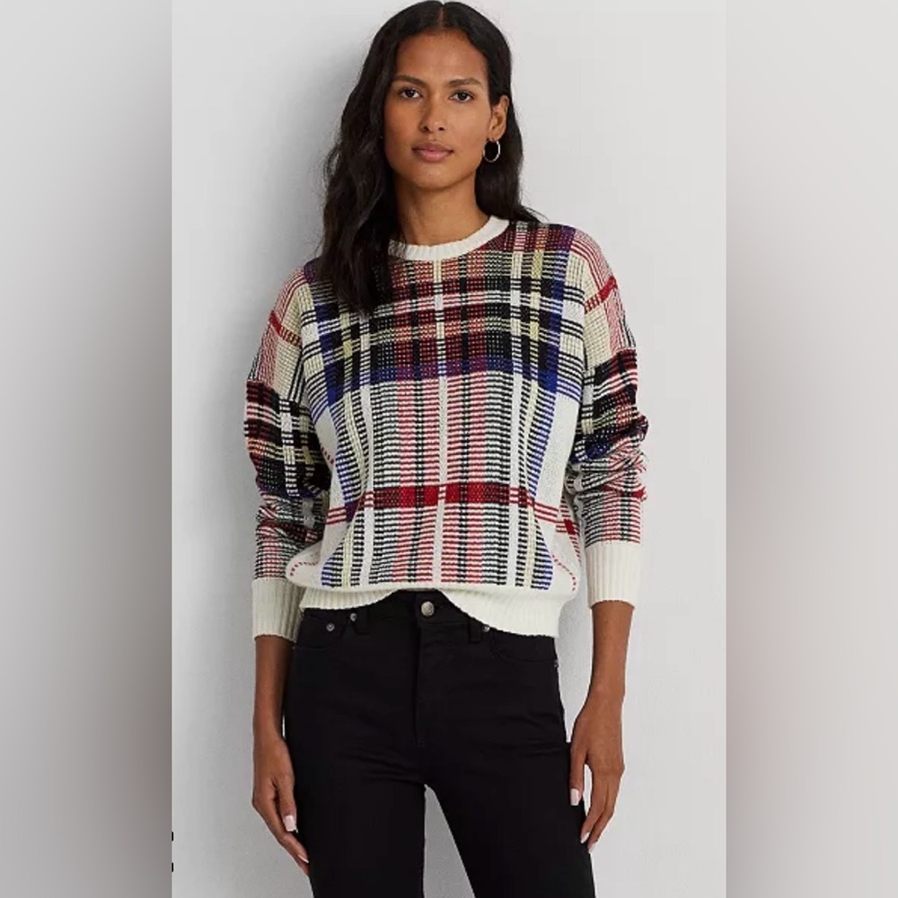 Women’s LAUREN Ralph Lauren Checked Plaid Multicolor Wool Blend Sweater Size XL